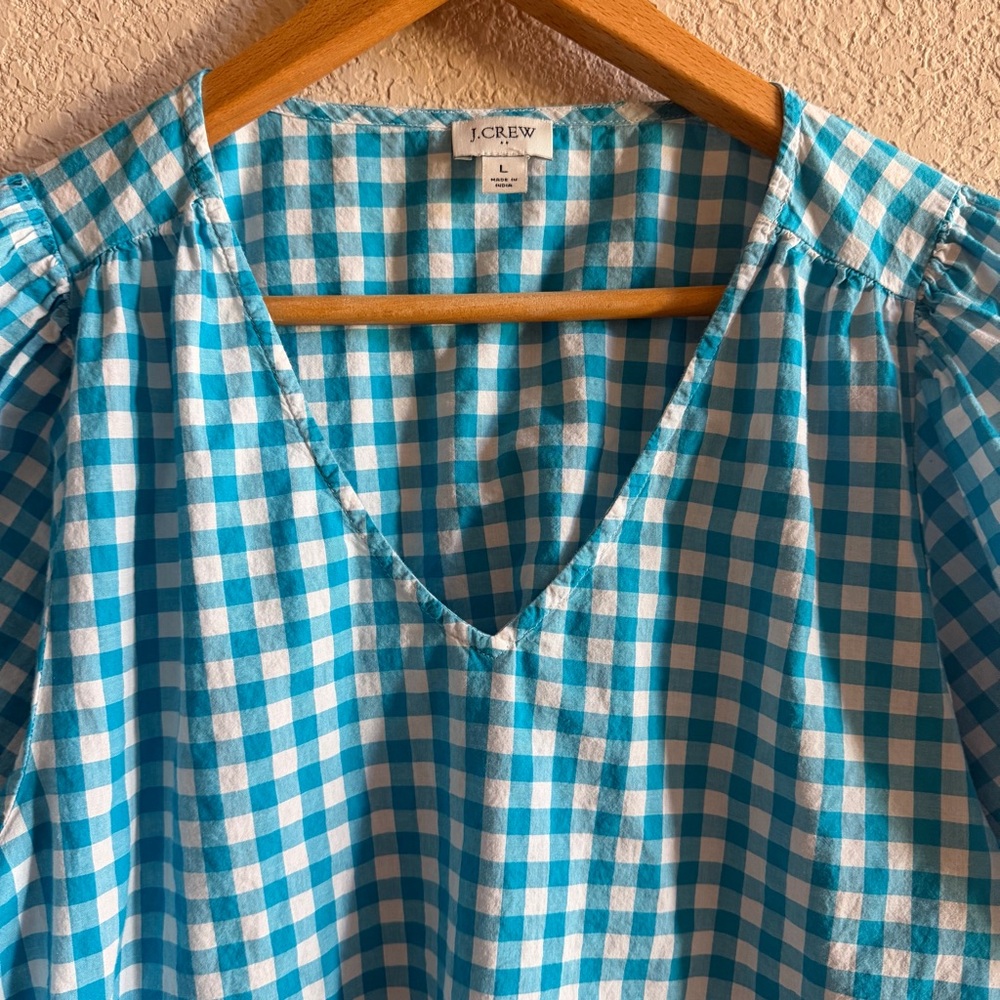 J.CREW Women’s Sz L Blouse Blue White Gingham 100% Cotton Balloon Sleeve V-Neck - Picture 2 of 7